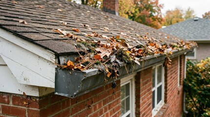 Gutter filled with leaves and debris along the roofline, seasonal home maintenance and drainage problem concept, realistic exterior detail showing clogging, residue and autumn buildup, natural