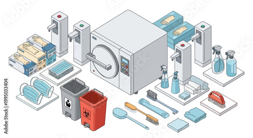 A comprehensive collection of medical sterilization and hygiene equipment, including an autoclave, disinfectants, masks, and waste bins, arranged for clarity.