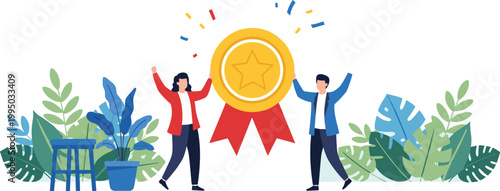 Achievement award illustration, two people standing beside gold medal, star center, red ribbons below, colorful confetti above, green plants background, professional success concept, recognition and a