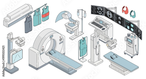 Collection of medical imaging equipment and accessories used in diagnostic procedures, including CT scanners, X-ray machines, and patient examination tables.
