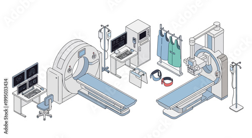Illustration of advanced medical imaging equipment, including CT and X-ray machines, with control consoles and accessories.