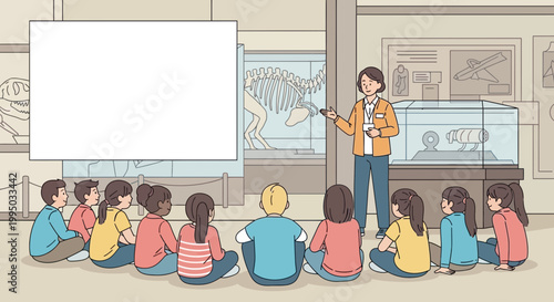 Children learning in a museum with a teacher presenting.