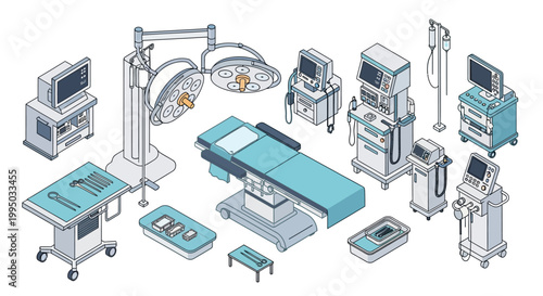 Isometric illustration of various medical equipment found in an operating room, including surgical lights, tables, monitors, and anesthesia machines.