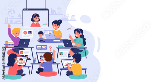 Children learning online in a virtual classroom setting.