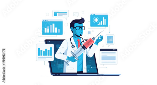 Digital healthcare doctor with syringe and data analytics on laptop screen, representing telemedicine and medical technology advancements.