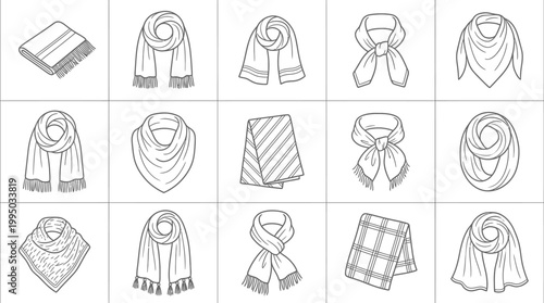 "Scarf Styling Vector Illustration Set | Sixteen Fashion Knot and Wrap Techniques | Clothing Accessory Vector Graphic for Logo, Icon, Apparel, and Creative Design Projects"