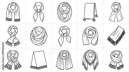 "Scarf Styling Vector Illustration Set | Sixteen Fashion Knot and Wrap Techniques | Clothing Accessory Vector Graphic for Logo, Icon, Apparel, and Creative Design Projects"