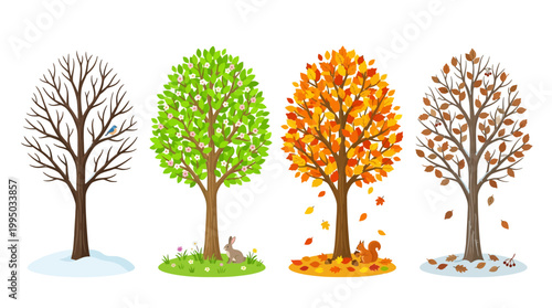 "Four Seasons Trees Vector Illustration | Winter, Spring, Summer, Autumn Silhouette Design | Nature Cycle Vector Graphic for Logo, Icon, Decoration, and Creative Projects"