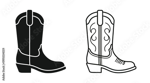 "Cowboy Boots Vector Illustration | Western Footwear Silhouette and Outline Design | Classic Rodeo Style Boots Vector Graphic for Fashion, Logo, Icon, and Creative Projects"