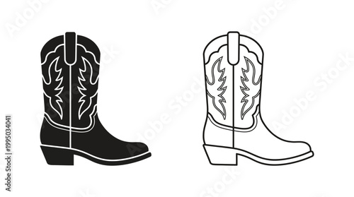 "Cowboy Boots Vector Illustration | Western Footwear Silhouette and Outline Design | Classic Rodeo Style Boots Vector Graphic for Fashion, Logo, Icon, and Creative Projects"