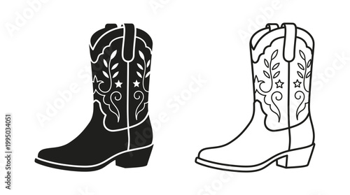 "Cowboy Boots Vector Illustration | Western Footwear Silhouette and Outline Design | Classic Rodeo Style Boots Vector Graphic for Fashion, Logo, Icon, and Creative Projects"