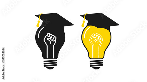 "Empowerment Vector Illustration | Light Bulb with Graduation Cap and Raised Fist | Knowledge Innovation Bright Ideas Vector Graphic for Education, Creativity, and Inspirational Projects"