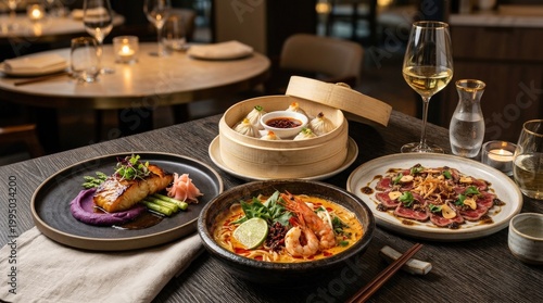 Gourmet Asian cuisine dishes arranged elegantly, premium dining concept for restaurant menu, hospitality and travel food themes, rich color, sauces and refined plating create an appetizing high end