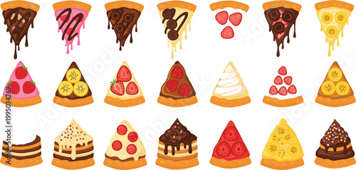 Sweet pizza slices collection with chocolate, fruit and cream toppings in flat style for dessert menu, bakery and food design