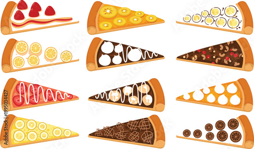Sweet pizza slices set with fruit, chocolate and cream toppings in flat style for dessert menu, bakery and food illustration