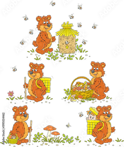 Funny brown bear carrying a wicker basket with a naughty little girl, traveling, collecting mushrooms, trying to get honey from a bee hive, a set of vector cartoon illustrations on white