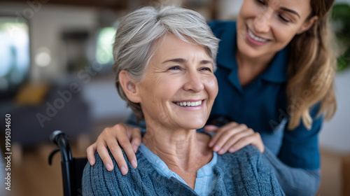 A home health aide kneels beside an elderly patient's wheelchair in a sunlit living room, caregiver's shoulders visibly tense, eyes betraying exhaustion beneath her practiced smile