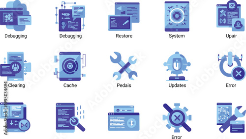 System troubleshooting icons set with debugging, restore, update, repair and error management concepts in flat style for IT support and software design