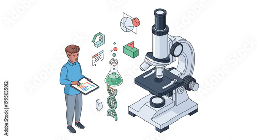 Isometric Illustration of Scientist Analyzing Genetic Data with Microscope, DNA Helix, and Laboratory Research Icons