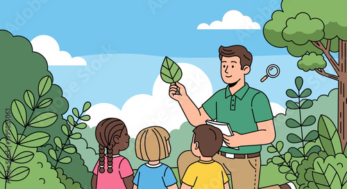 Teacher showing leaf to diverse children in nature exploration.