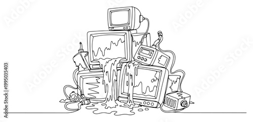 Electronic Waste Pile of Broken Old CRT Televisions and Monitors in Continuous Line Art Style