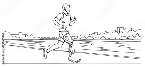 Parathlete Amputee Man Running with Leg Prosthetic in Park Continuous Line Art