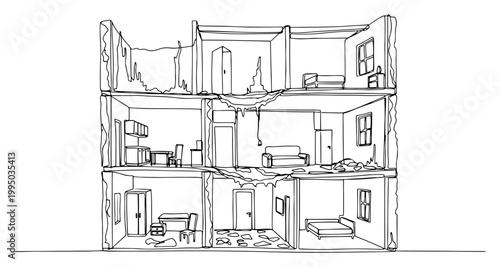 Destroyed Residential Building Ruins in Continuous Line Art