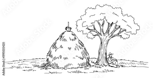 Rural Landscape with Haystack and Farmer Resting Under Tree in Continuous Line Art Style