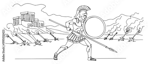Ancient Spartan Warrior with Spear and Shield Near Greek Temple in Continuous Line Art Style