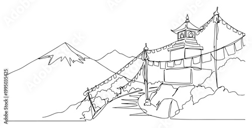 Buddhist Stupa with Tibetan Prayer Flags in Himalayan Mountains Continuous Line Art