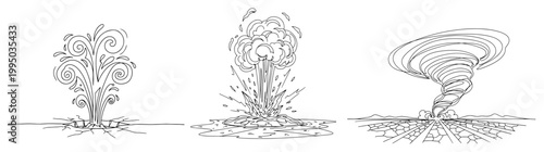 Natural Disaster Symbols Set including Tornado Geyser and Explosion in Continuous Line Art