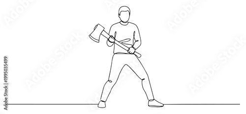Man Standing and Holding Large Axe in Continuous Line Art Style