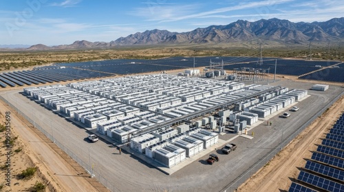 Big battery - renewable electricity storage - drone aerial, industry concept, commercial stock appeal, precise technical detail, balanced composition, realistic lighting, crisp focus, refined