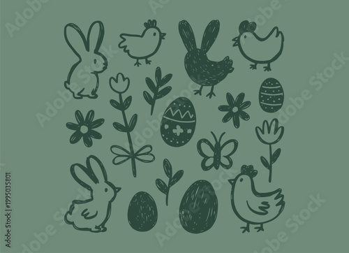 Chalk style easter and spring doodles with bunnies chicks eggs flowers, textured