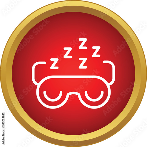 Outline white sleeping mask with zzz letters in a gold bordered red circle icon