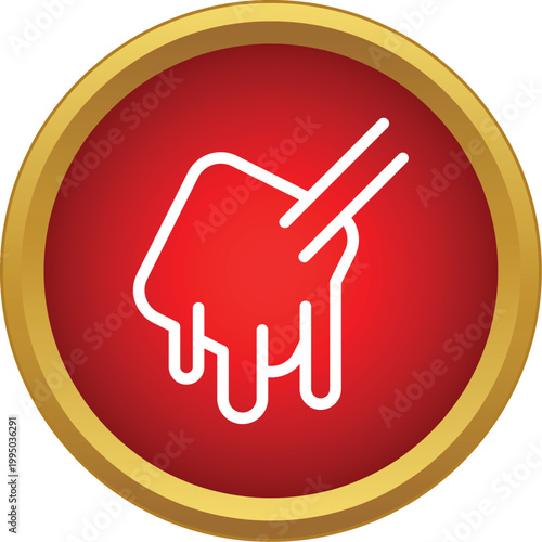 Sushi roll outline dipping in sauce with chopsticks in a red and gold circle