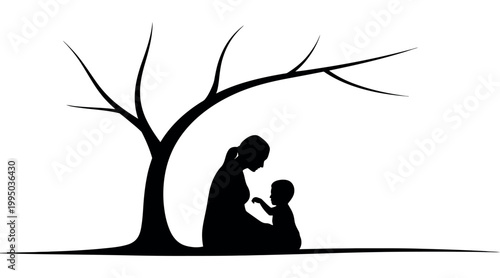 Mother and child silhouette under a bare tree, black and white family vector illustration, maternal love and parenting concept art on white background
