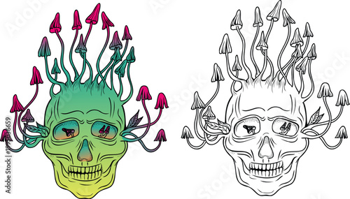 Surreal hand drawn skull with growing mushrooms in vintage comic line art style and vibrant color gradient