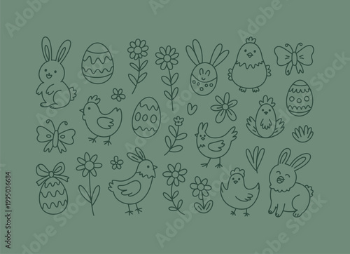 Detailed hand-drawn easter icons and elements set with bunnies chicks decorated