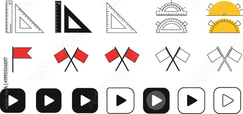 UI and utility icons set with rulers, protractors, flags and play buttons in minimal flat and outline style
