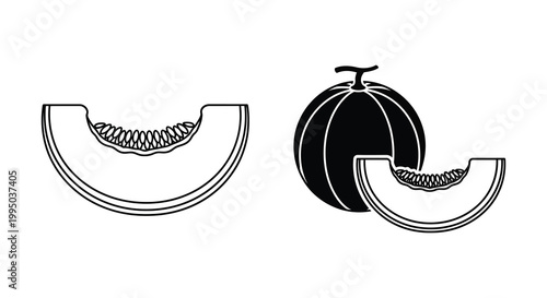 Foto Black and white illustration of watermelon slices and a whole fruit silhouette