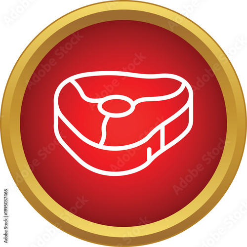 White outline of a beef steak cut appearing within a red circular symbol with gold border