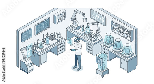 Isometric Futuristic Science Laboratory with VR Scientist and Robotic Arms Illustration