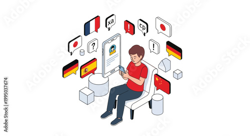 Isometric Illustration of a Man Using a Language Learning App on a Smartphone Surrounded by Global Flags and Speech Bubbles