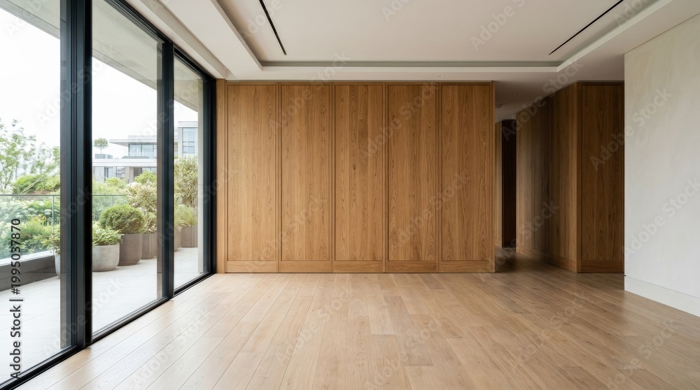 Fototapeta premium Modern empty room with wood panels and natural lighting, stylish interior background for architecture, real estate and product display concepts, clean lines, balanced composition, realistic materials,