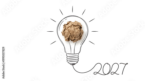 Light bulb with crumpled paper and year 2027 idea brown paper