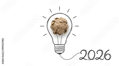 Light bulb with crumpled paper and year 2026 idea brown paper