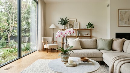 Serene living room with orchid and natural light, elegant interior scene for home decor, wellness and real estate branding, soft textures, balanced composition, refined materials, crisp focus, premium