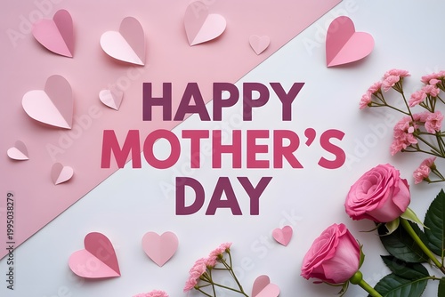 Happy Mother's Day greeting card, pink paper hearts and fresh roses on pastel background, floral celebration banner for spring holiday