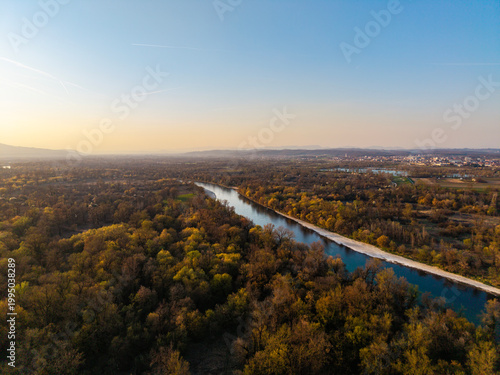 Tableau sur toile Aerial view of Sava river sandbank surrounded by the densly covered forest area